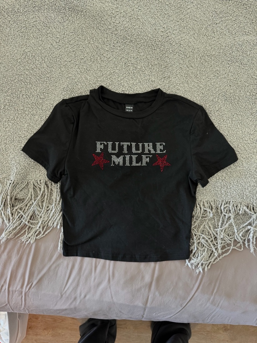 SHEIN Black Rhinestone Graphic Crop Tee with Pink Nails Accent